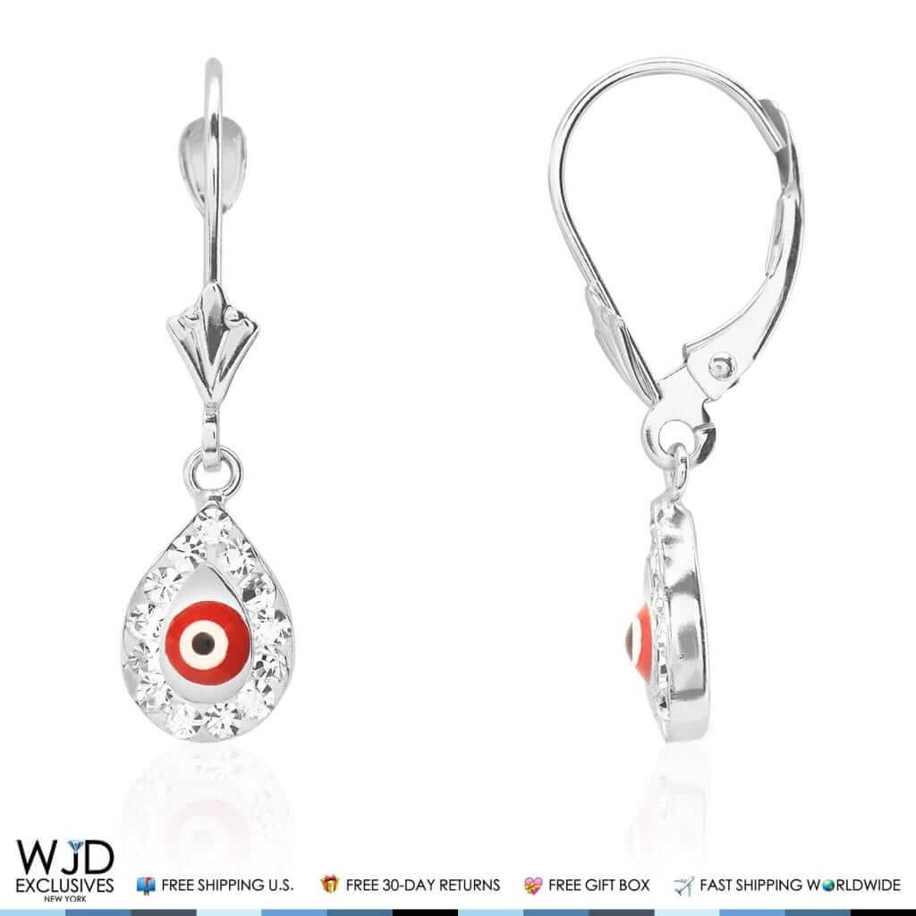 14K White Gold CZ Red Evil Eye TearDrop Dangle Leverback Earrings