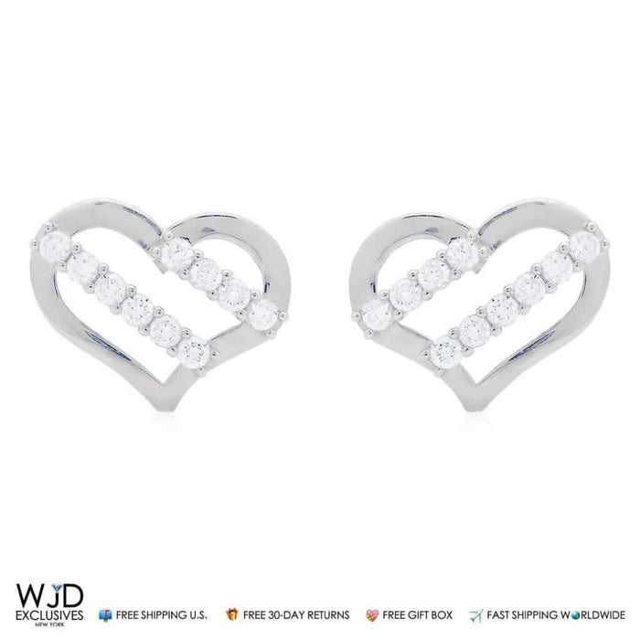 14K White Gold 0.30Ct CZ Stripes Open Heart Stud Earrings