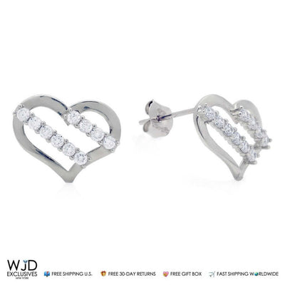14K White Gold 0.30Ct CZ Stripes Open Heart Stud Earrings