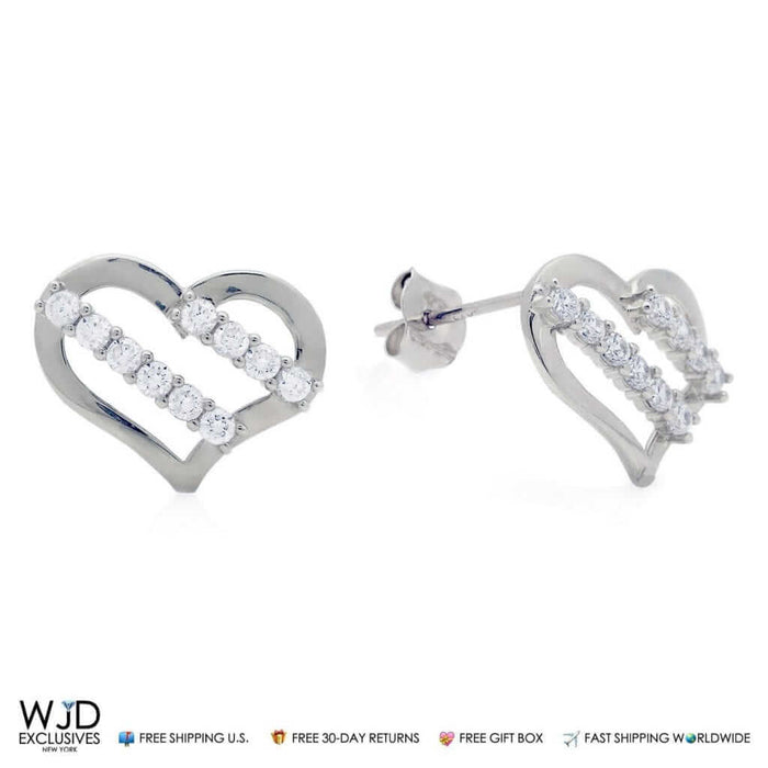 14K White Gold 0.30Ct CZ Stripes Open Heart Stud Earrings