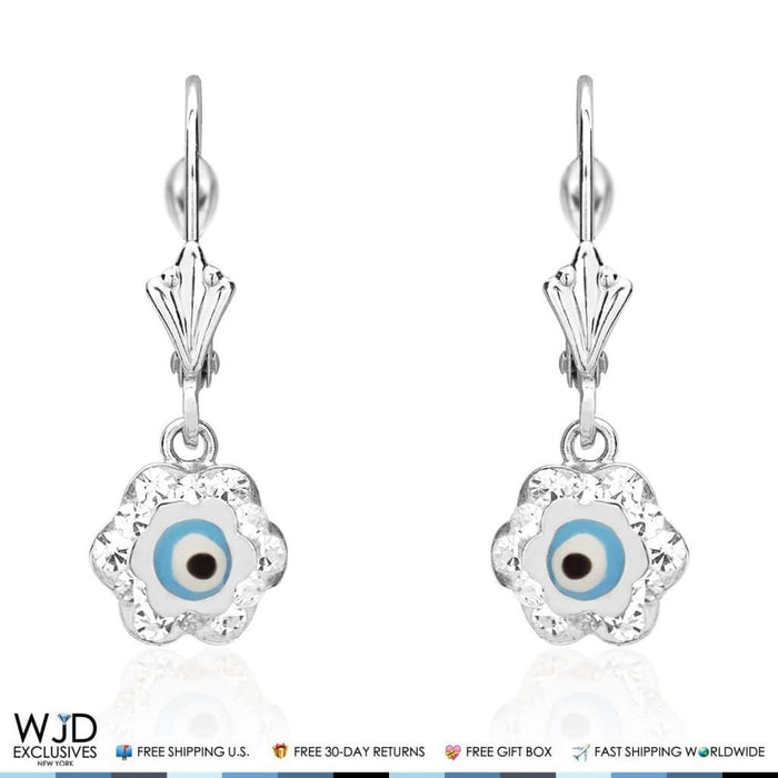 0.50CTW CZ 14K White Gold Blue Evil Eye Flower Dangle Earrings