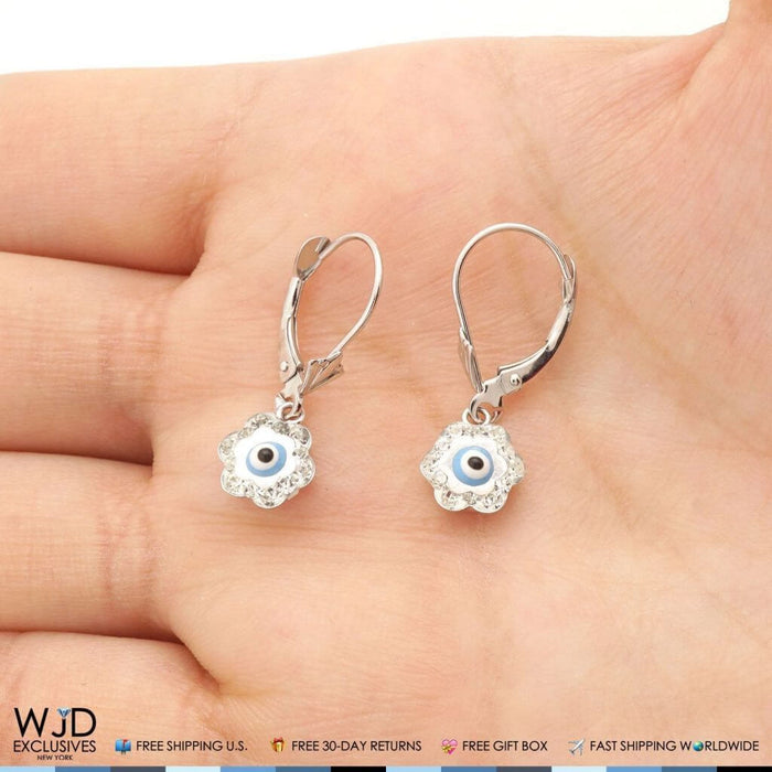 0.50CTW CZ 14K White Gold Blue Evil Eye Flower Dangle Earrings