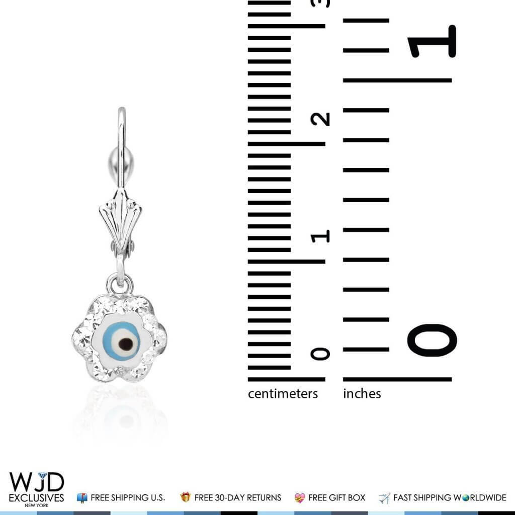 0.50CTW CZ 14K White Gold Blue Evil Eye Flower Dangle Earrings
