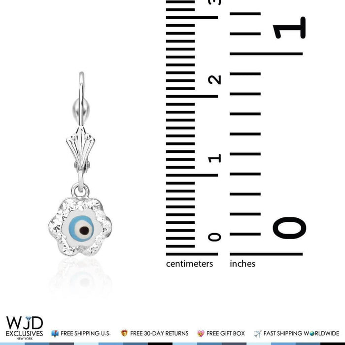 0.50CTW CZ 14K White Gold Blue Evil Eye Flower Dangle Earrings