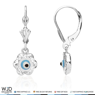 0.50CTW CZ 14K White Gold Blue Evil Eye Flower Dangle Earrings