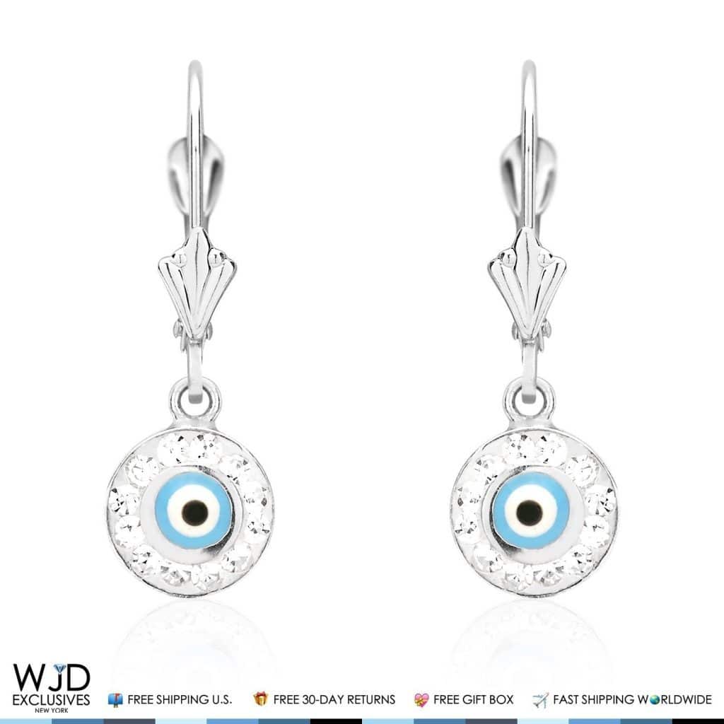 0.50CTW CZ 14K White Gold Blue Evil Eye Round Dangle Earrings