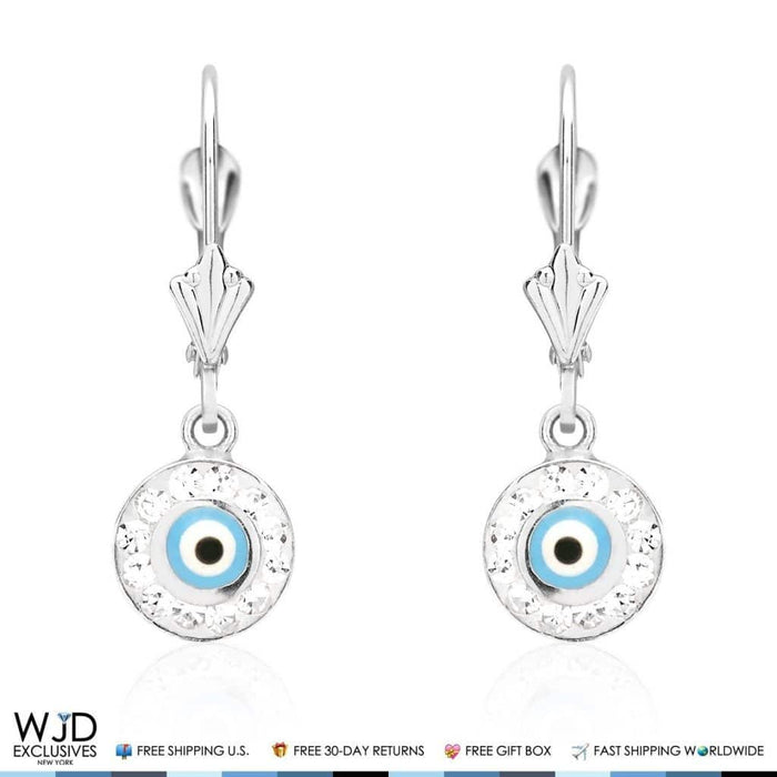 0.50CTW CZ 14K White Gold Blue Evil Eye Round Dangle Earrings