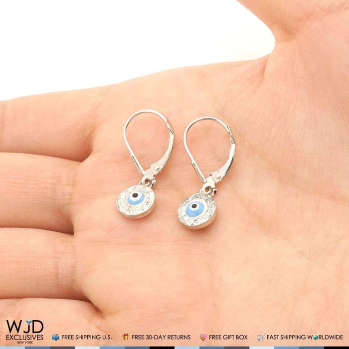 0.50CTW CZ 14K White Gold Blue Evil Eye Round Dangle Earrings