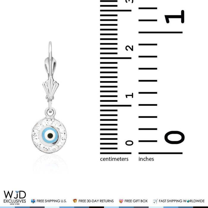 0.50CTW CZ 14K White Gold Blue Evil Eye Round Dangle Earrings