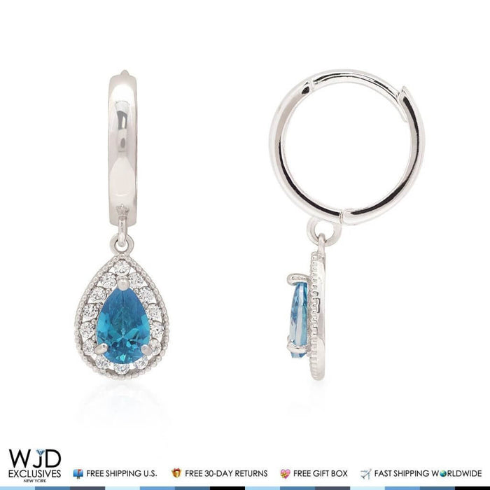 14K White Gold 0.80Ct CZ & Blue Topaz Huggie Hoop Dangle Earrings