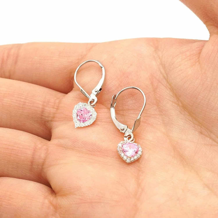 14K White Gold Halo Heart Birthstone Dangle Leverback Earrings