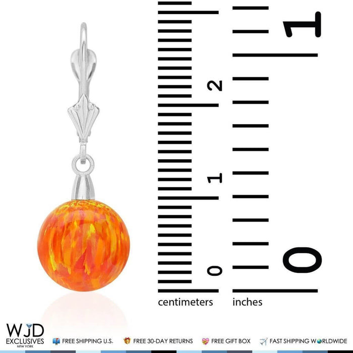 14K White Gold 10mm Ball Shaped Orange Fire Opal Leverback Dangle Earrings