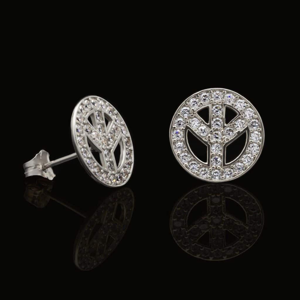 14K White Gold 1.20Ct Simulated Round Diamond Peace Sign Stud Earrings 9mm