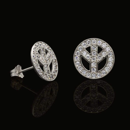 14K White Gold 1.20Ct Simulated Round Diamond Peace Sign Stud Earrings 9mm