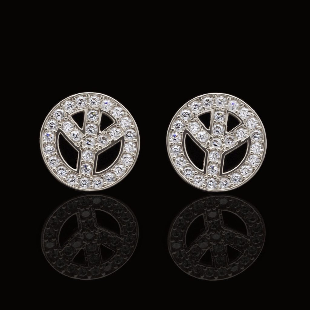 14K White Gold 1.20Ct Simulated Round Diamond Peace Sign Stud Earrings 9mm
