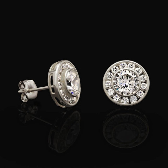 14K White Gold 1.5Ct Round CZ Bezel Cluster Stud Earrings