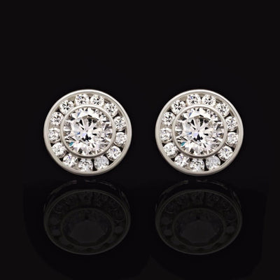 14K White Gold 1.5Ct Round CZ Bezel Cluster Stud Earrings