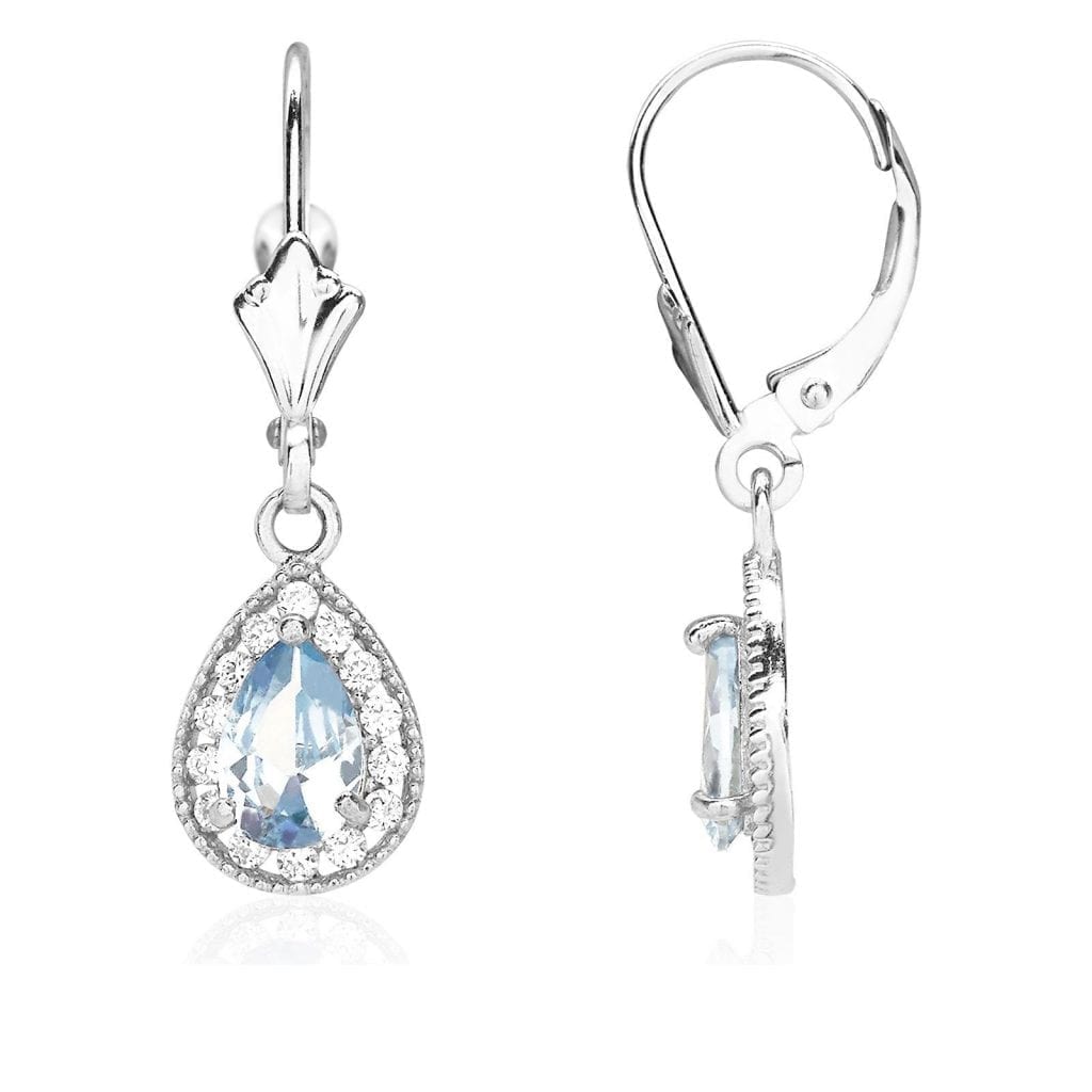 14K White Gold SimulatedBirthstone Halo Teardrop  Leverback Earrings