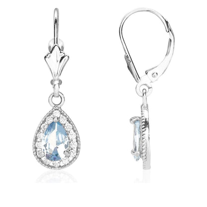14K White Gold SimulatedBirthstone Halo Teardrop  Leverback Earrings