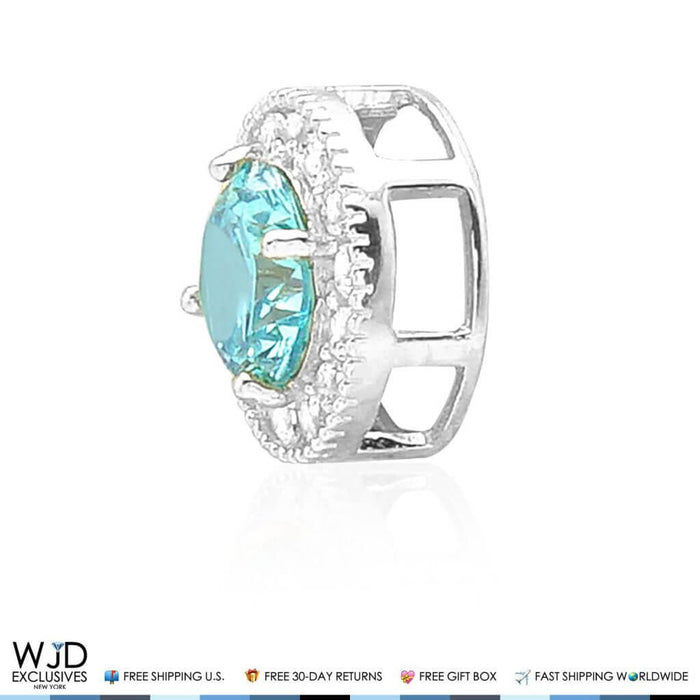 14K White Gold 1.80Ct CZ And Aquamarine Round Halo Pendant