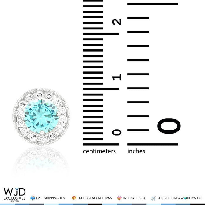 14K White Gold 1.80Ct CZ And Aquamarine Round Halo Pendant