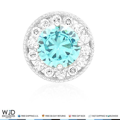 14K White Gold 1.80Ct CZ And Aquamarine Round Halo Pendant
