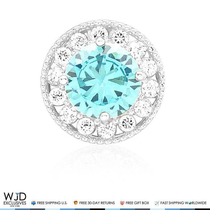 14K White Gold 1.80Ct CZ And Aquamarine Round Halo Pendant