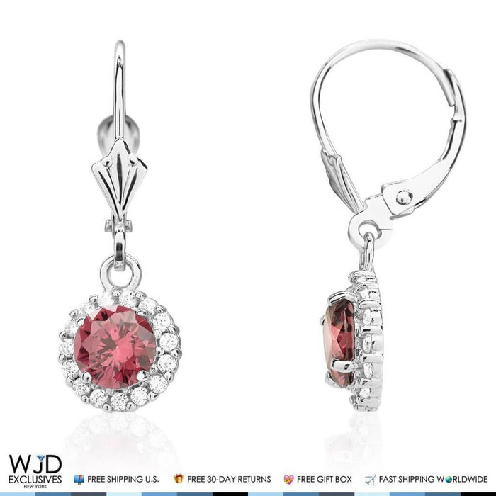 14K White Gold CZ Halo Round Birthstone Leverback Earrings