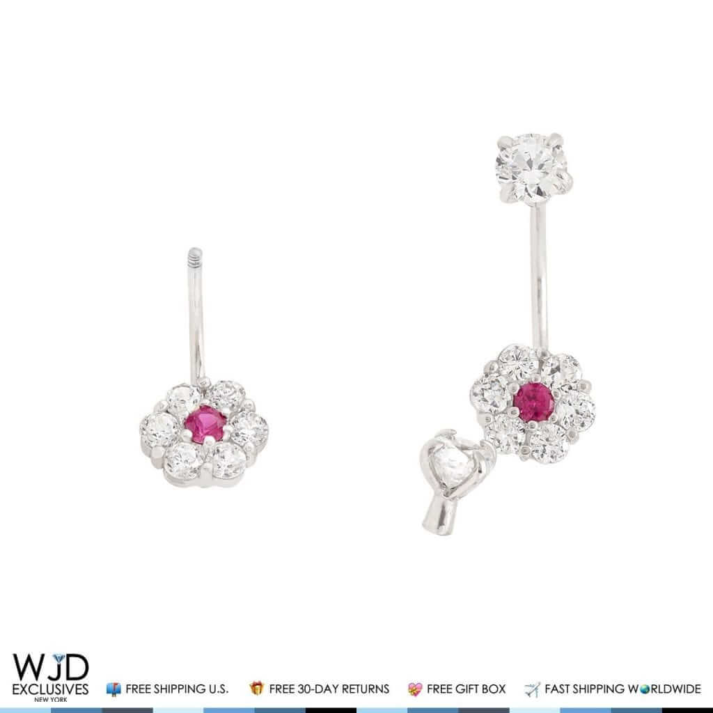 1CTW CZ 14K White Gold Ruby Flower Shape Dangle Earrings