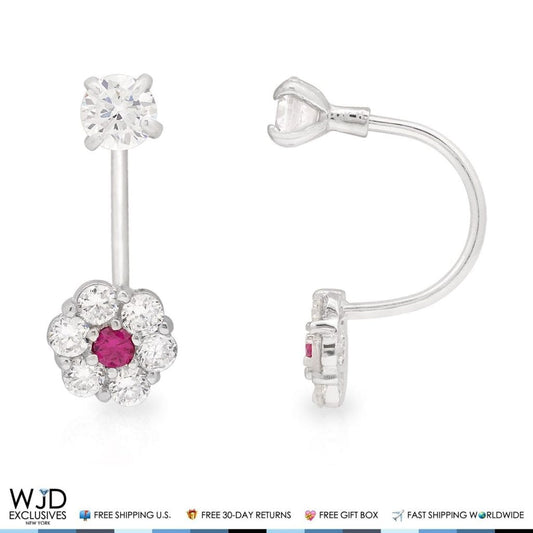1CTW CZ 14K White Gold Ruby Flower Shape Dangle  Earrings