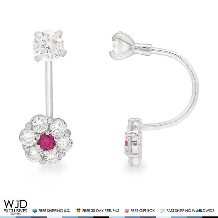 1CTW CZ 14K White Gold Ruby Flower Shape Dangle Earrings