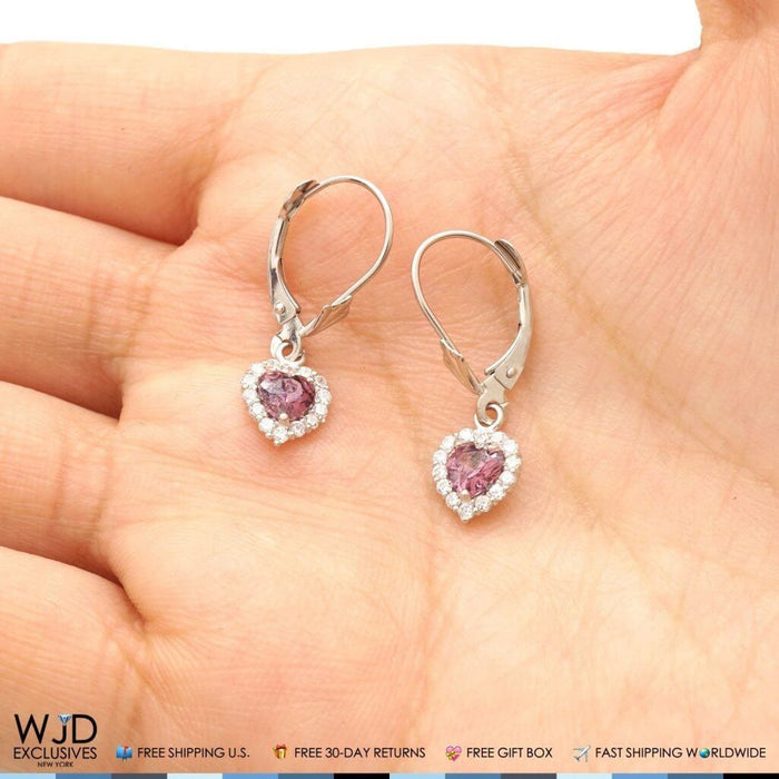 14K White Gold 1Ct Diamond & Alexandrite Shaped Dangle Leverback Earrings