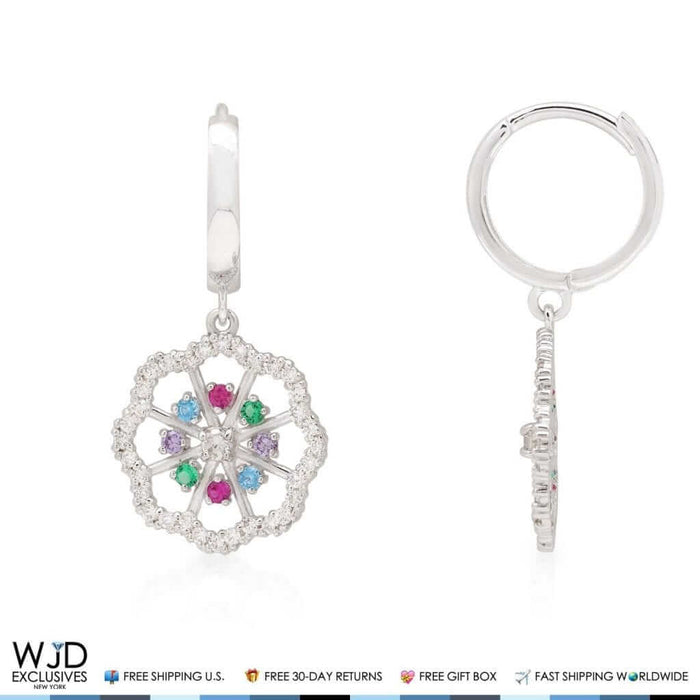 1CTW CZ Multi-Color 14K White Gold Flower Huggie Hoop Earrings