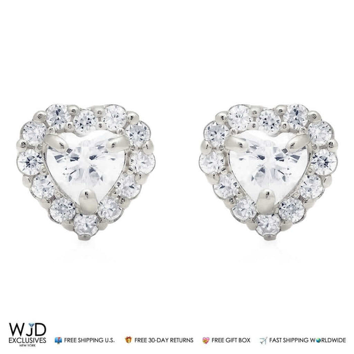 1CTW CZ 14K White Gold Halo Small Heart Stud Screw Back Earrings