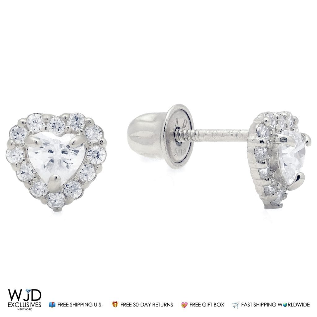 1CTW CZ 14K White Gold Halo Small Heart Stud Screw Back Earrings