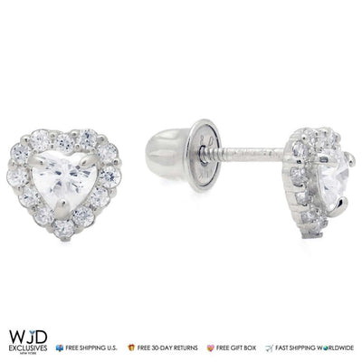 1CTW CZ 14K White Gold Halo Small Heart Stud Screw Back Earrings