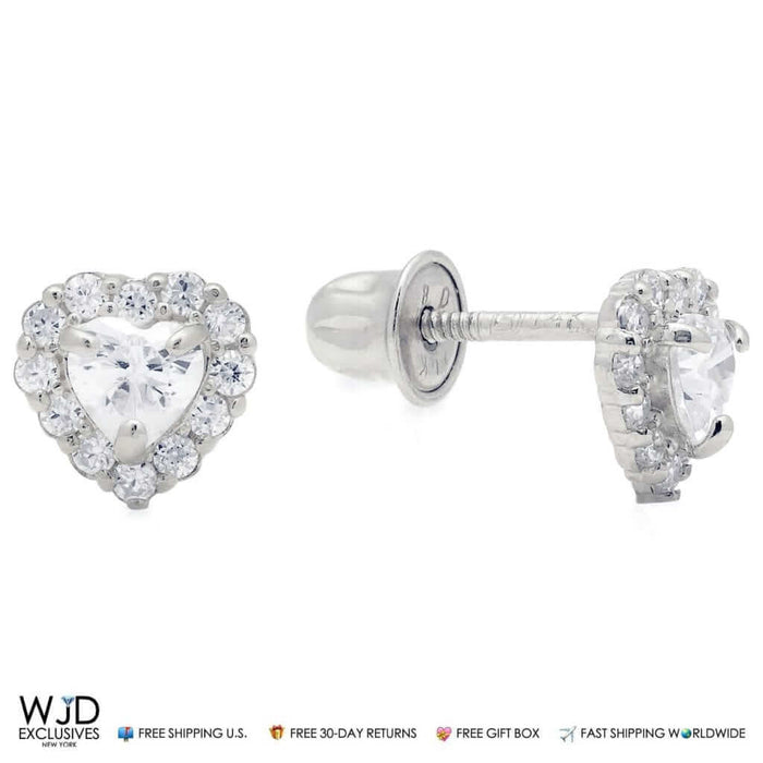 1CTW CZ 14K White Gold Halo Small Heart Stud Screw Back Earrings