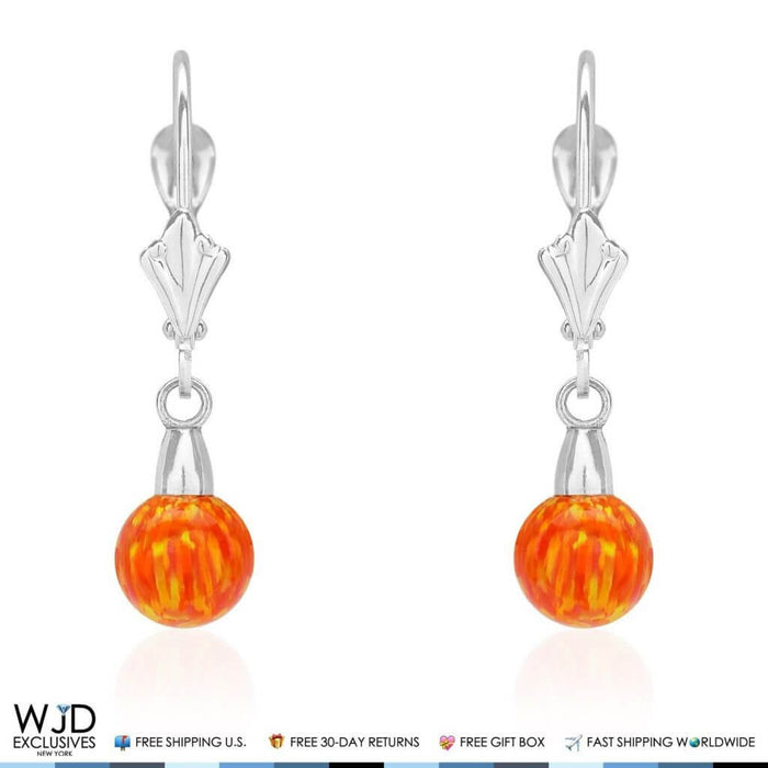 14K White Gold 6mm Ball Shaped Orange Fire Opal Leverback Dangle Earrings 1"