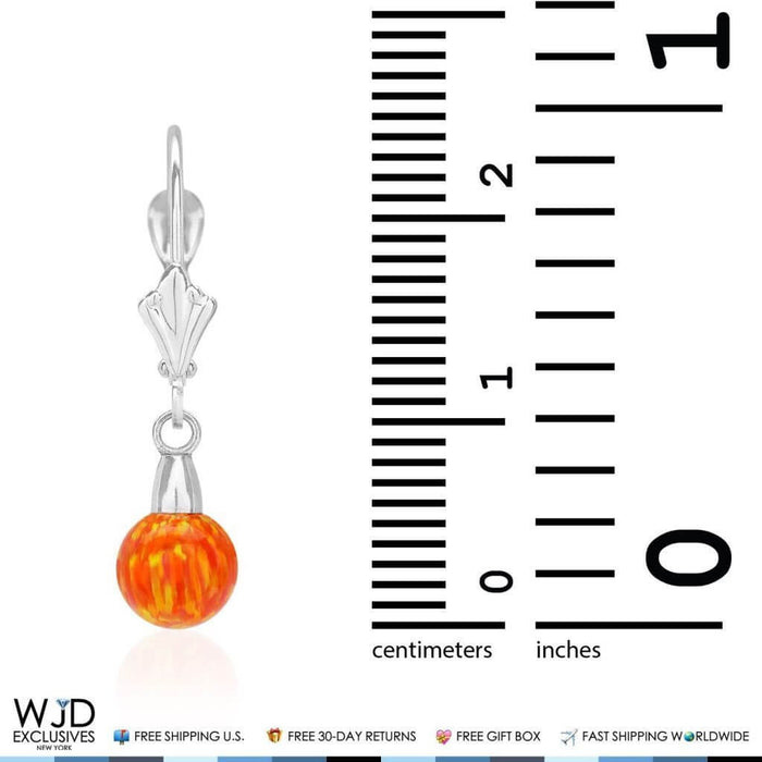 14K White Gold 6mm Ball Shaped Orange Fire Opal Leverback Dangle Earrings 1"