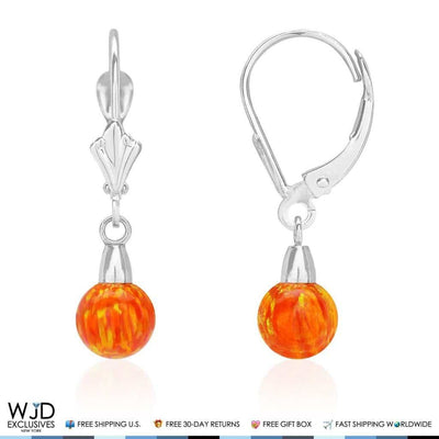 14K White Gold 6mm Ball Shaped Orange Fire Opal Leverback Dangle Earrings 1"