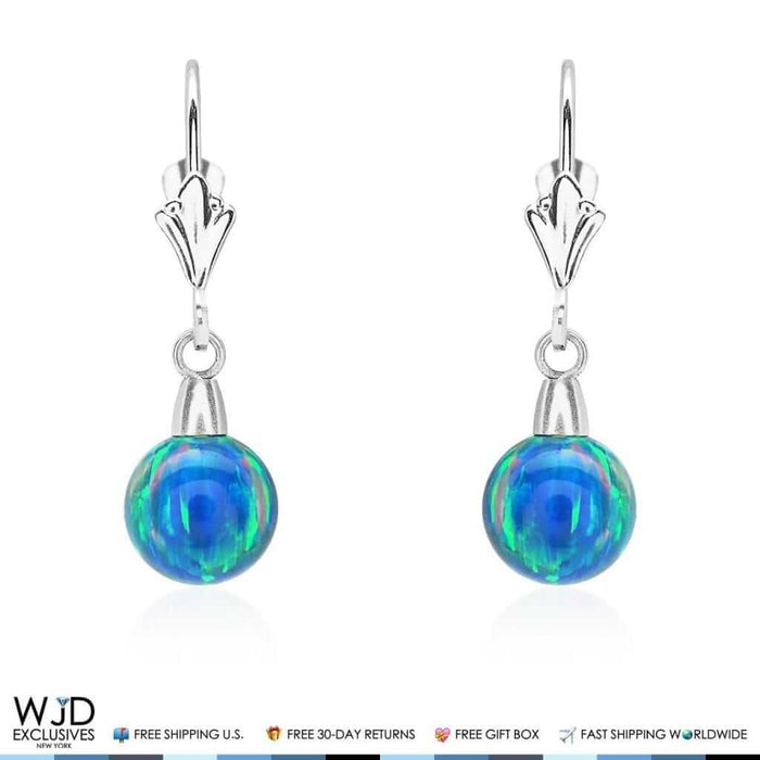 6mm-10mm Ball Blue Green Fire Opal Leverback Dangle Earrings 14K White Gold