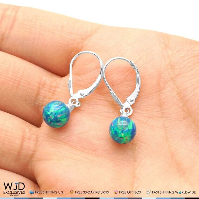 6mm-10mm Ball Blue Green Fire Opal Leverback Dangle Earrings 14K White Gold