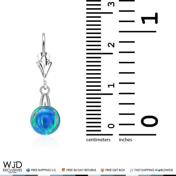 6mm-10mm Ball Blue Green Fire Opal Leverback Dangle Earrings 14K White Gold