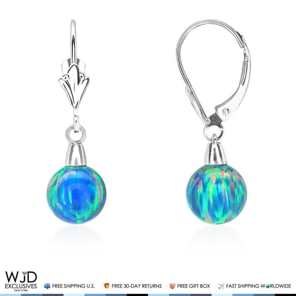 6mm-10mm Ball Blue Green Fire Opal Leverback Dangle Earrings 14K White Gold