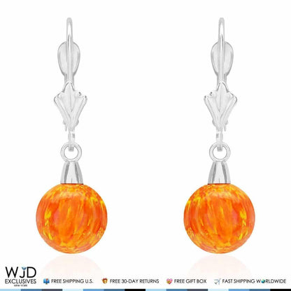 14K White Gold Orange Fire Opal 7mm Ball Leverback Dangle Earrings