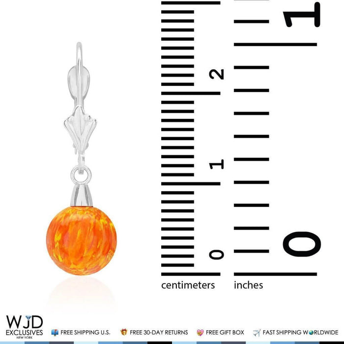 14K White Gold Orange Fire Opal 7mm Ball Leverback Dangle Earrings