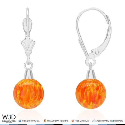 14K White Gold Orange Fire Opal 7mm Ball Leverback Dangle Earrings