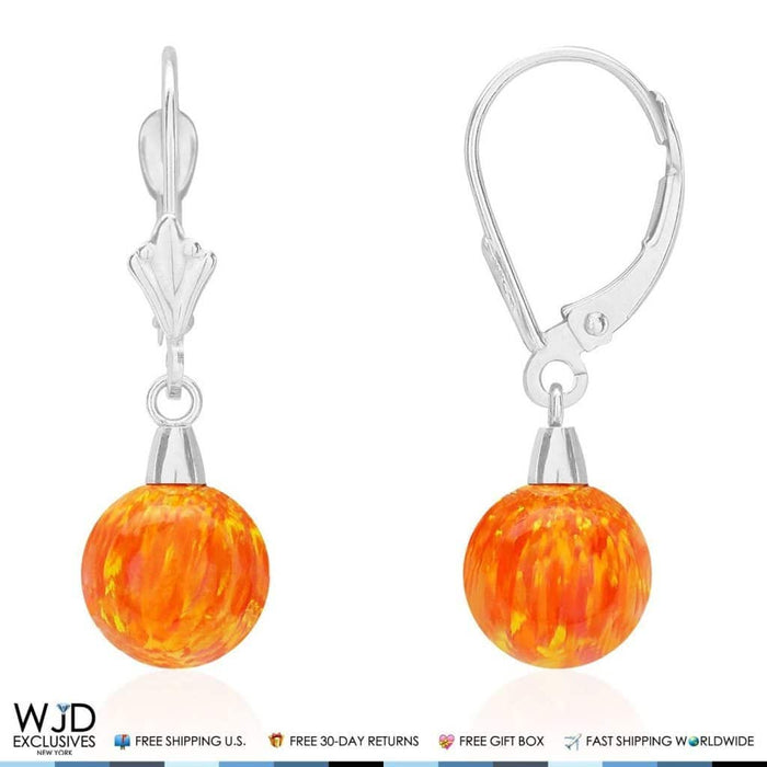 14K White Gold Orange Fire Opal 7mm Ball Leverback Dangle Earrings
