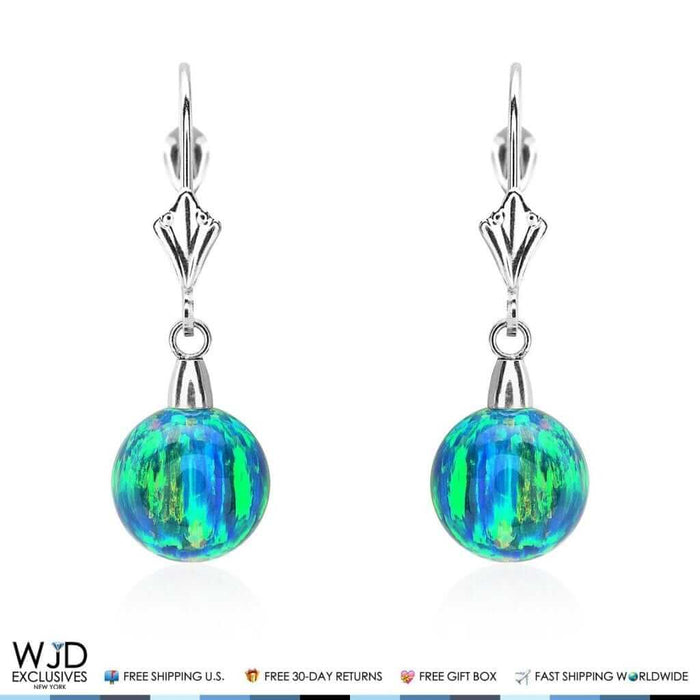 6mm-10mm Ball Blue Green Fire Opal Leverback Dangle Earrings 14K White Gold