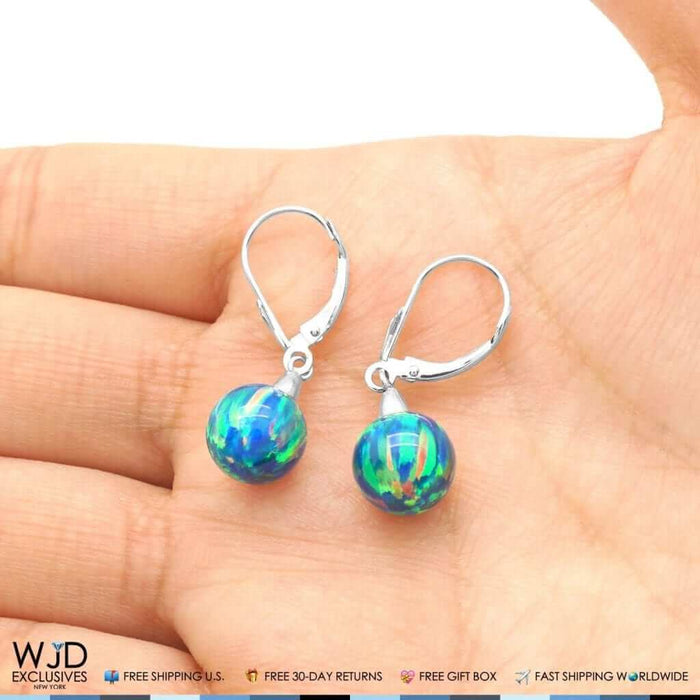 6mm-10mm Ball Blue Green Fire Opal Leverback Dangle Earrings 14K White Gold